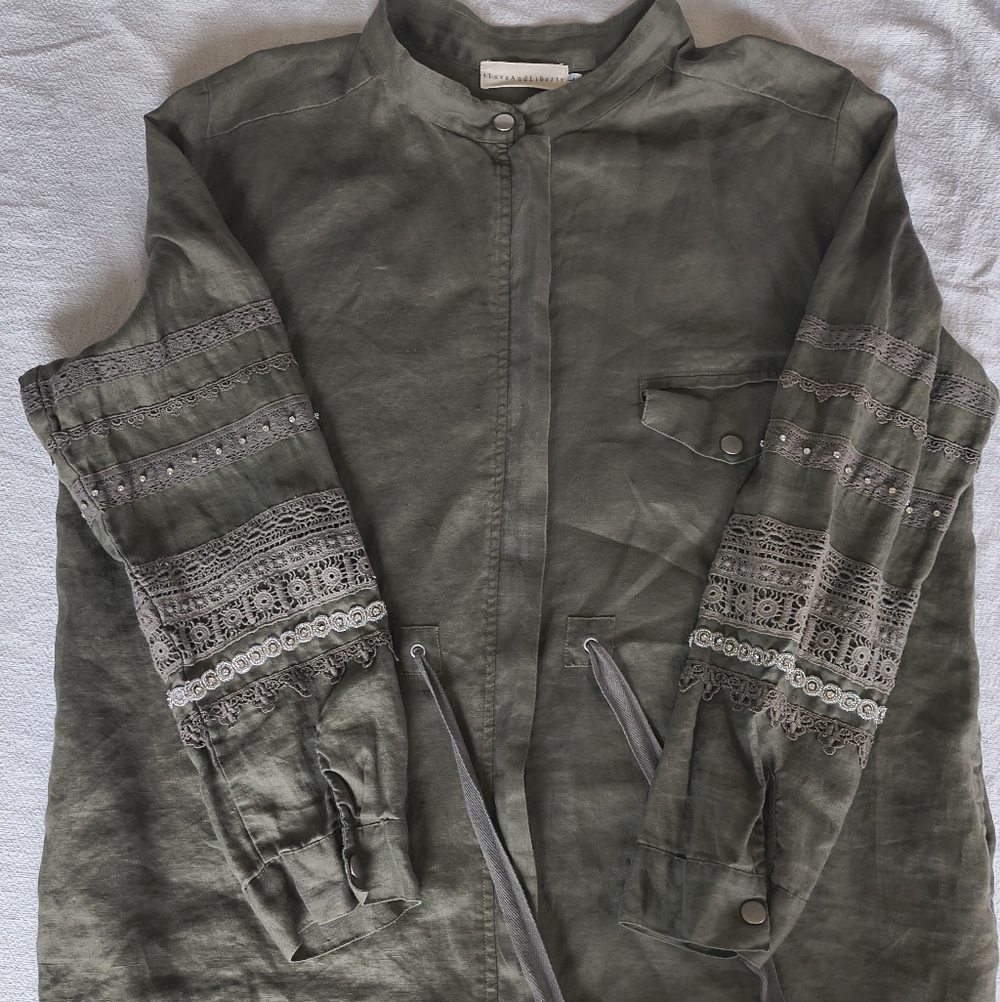 4 Loveandliberty Women's Linen Olive Green Jacket with Lace Details Size L